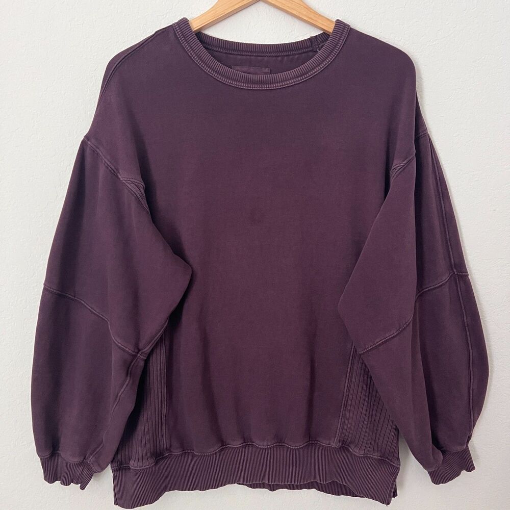 Aerie Sweatshirt Women Maroon Ribbed Crew Neck Pullover Relaxed Oversized S